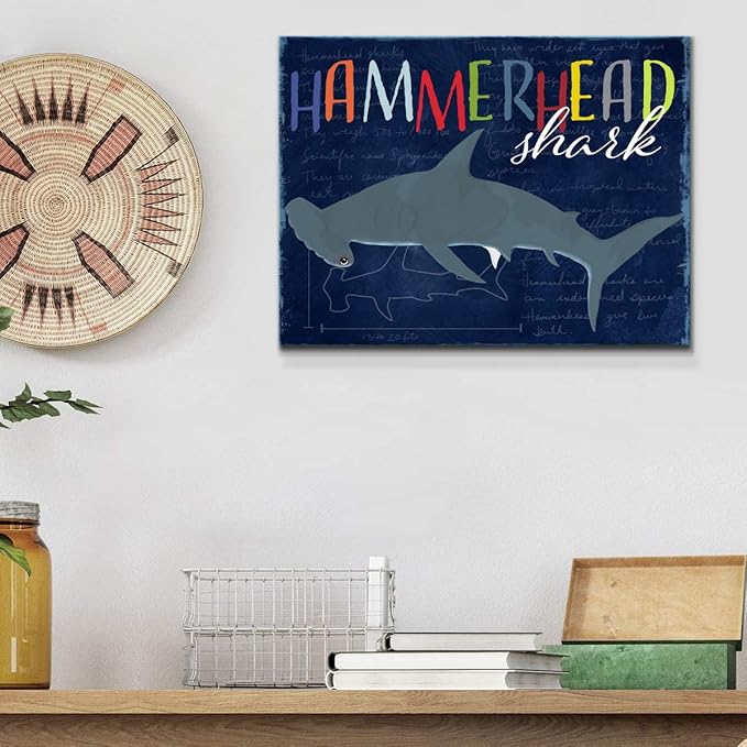 Renditions Gallery Canvas Animal Wall Art Modern Decorations Paintings Colorful Playful Hammerhead Shark Abstract Vibrant Lifestyle Artwork Prints for Kids Bedroom Nursery - 12"x18" LT33