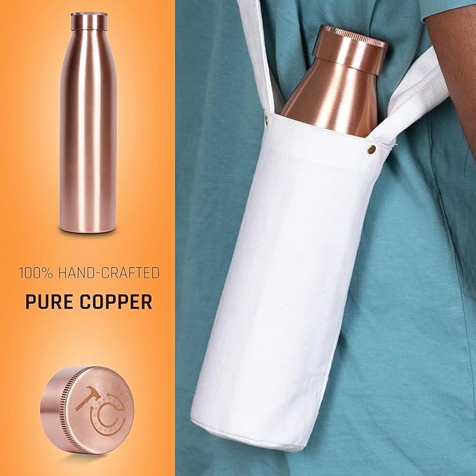 34 Oz Extra Large Smooth Finish 100% Pure Copper Water Bottle For Drinking | Leak Proof Design And Carrying Pouch | Drink More With Healthy Benefits Immediately