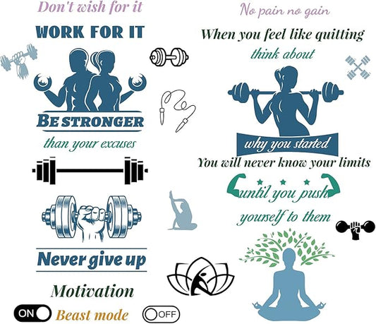 CREATCABIN 4pcs Gym Vinyl Wall Decals Weightlifting Exercise Inspirational Quotes Wall Stickers Self-Adhesive Peel and Stick Mural Decoration for Gym Yoga Studio Exercise Fitness Window Door Playroom
