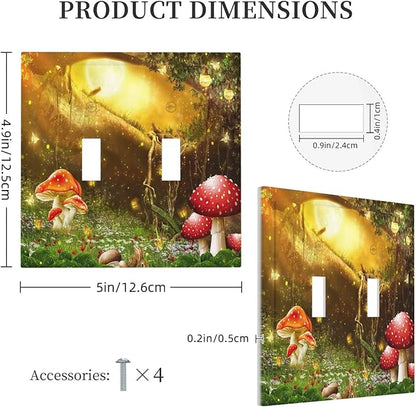Red Mushroom Forest Fairy Moon Butterfly Double Toggle Bohemian Light Switch Covers Decorative 2 Gang Wall Plate Dual Electrical Faceplate Switchplate for Kidroom Nursery Decor