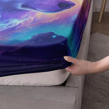 AILONEN Wolf Fitted Sheet Set Full Size for Boys,Purple Galaxy Wolf Bed Sheet Set for Kids Teen, 3 Pieces Safari Wolf Sheet Set,Starry Wolves Fitted Sheet with 2 Pillowcases