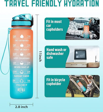 32oz Motivational Water Bottle with Time Marker & Fruit Strainer, Leak-proof BPA Free Non-Toxic Bottle with Carrying Strap, Perfect for Fitness, Gym and Outdoor Sports