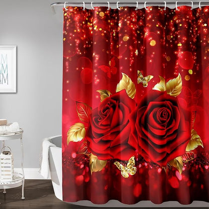 AILONEN Red Rose Shower Curtain for Bathroom,Romantic Rose Flower Waterproof Bath Curtain,Girls Women Curtain Bathroom Decor 60" W x 72" H with 12 Plastic Hooks