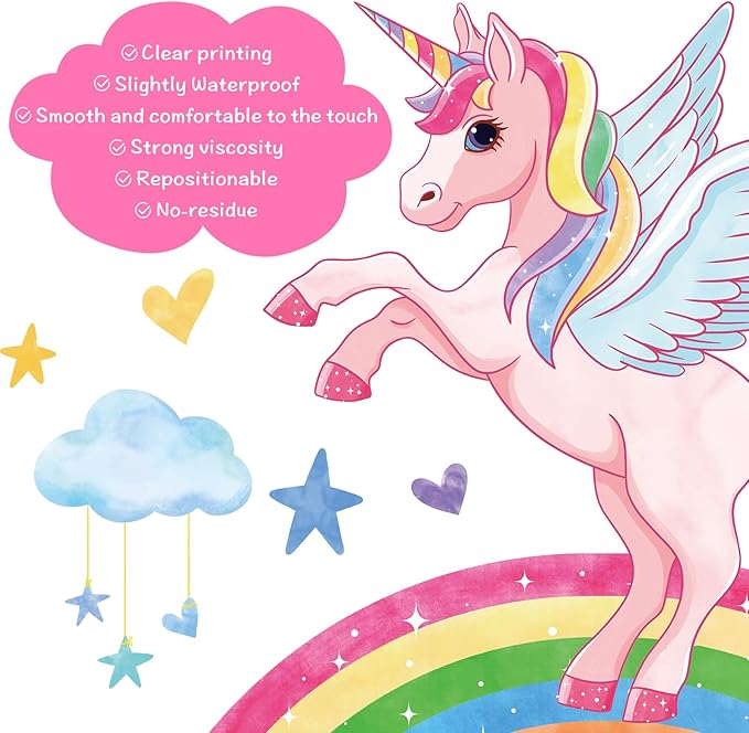 MORCART Rainbow Wall Decal Unicorn Wall Stickers Moon Cat Hearts Clouds Watercolor Stars Removable Vinyl Decals for Nursery Kids Girls Bedroom Birthday Party Wall Decor