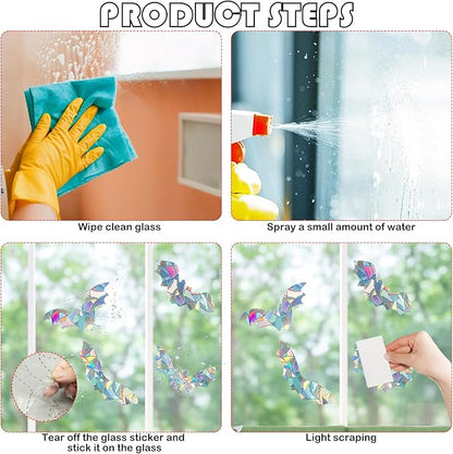 4Pcs Bat Window Stickers, Prism Color Window Decals to Prevent Bird Strikes Bird Window Strike Prevention Window Alert Decals for Birds Strikes, Anti Collision Window Stickers for Birds Window Decals