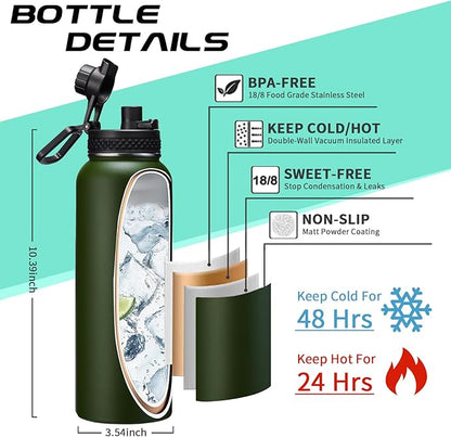40OZ Water Bottle Stainless Steel - Cold-48H & Hot-24H Vacuum Insulated Water Bottle with Straw & Chug Lid, Strap Carrying Pouch, Paracord Handle & Flask Boot, Thermo Hydro Bottle for Hiking Cycling