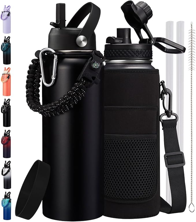 40 oz Insulated Water Bottle - Cold 48H & Hot 24H, Reusable Metal Water Bottle Hydro Cup with Paracord Handle Straw Spout Lids, Carrier Bag, Wide Mouth Thermal Mug for Sports Fitness Hiking