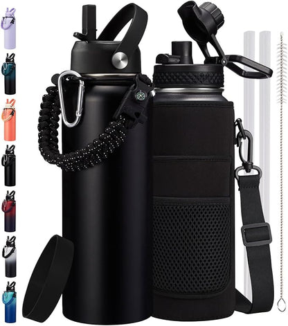 40 oz Insulated Water Bottle - Cold 48H & Hot 24H, Reusable Metal Water Bottle Hydro Cup with Paracord Handle Straw Spout Lids, Carrier Bag, Wide Mouth Thermal Mug for Sports Fitness Hiking