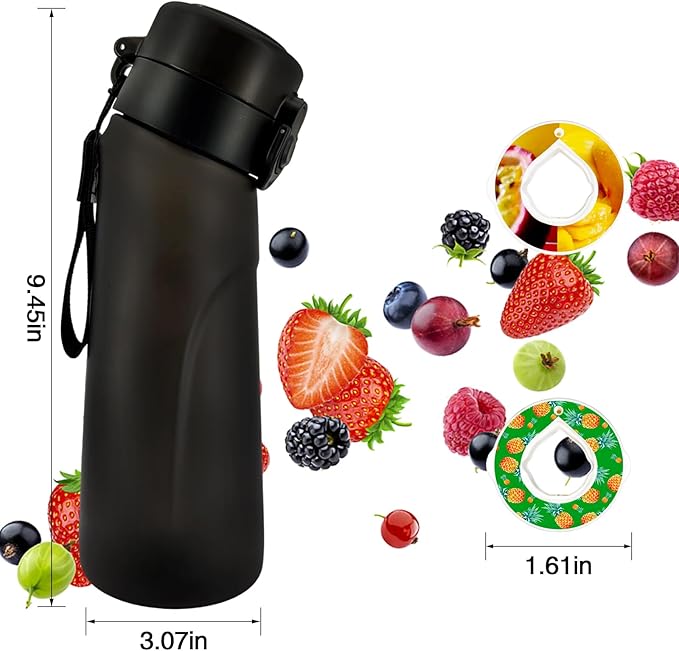 Air Water Bottle with Flavor Pods, 750ML Scent Water Cup with Flavor Pods Box，0% Sugar Fragrance Water Bottle Suitable for Outdoor Sports (Black+2pods)