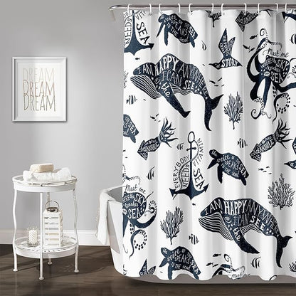 AILONEN Whale Shower Curtain Cartoon Gull Sea Turtle Octopus Bath Curtain Ocean Animal Blue Printed Shower Curtain 72" W*78" H Minimalist Bathroom Curtain Polyester Waterproof Curtain with 12 Hooks
