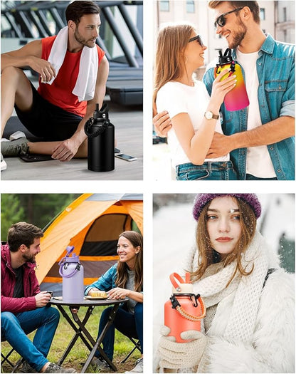 64 OZ Insulated Water Bottles with Straw & Spout Lids, Waterbottle Carrier with Strap, Protective Boot & Paracord Handle, Half Gallon Water Bottle 64oz Stainless Steel Water Canteen for Sports Gym