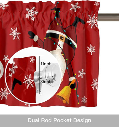 Red Merry Christmas Kitchen Curtains and Valances Set, Funny Hanging Santa Windows Treatments Tiers Half/Short Curtains for Small Windows Cafe /Living Room/ Bedroom 54x36 in Snow Winter Holiday