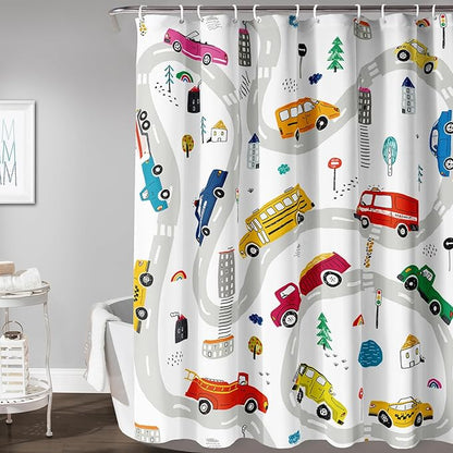 AILONEN Construction Shower Curtain, Truck Fire Engine Police Car Bath Curtain for Kids Boys,Red Yellow Blue Truck Car Bathroom Decor Waterproof Fabric 72" W*72" H Inch with 12 Plastic Hooks
