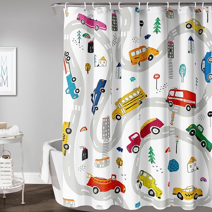 AILONEN Construction Shower Curtain, Truck Fire Engine Police Car Bath Curtain for Kids Boys,Red Yellow Blue Truck Car Bathroom Decor Waterproof Fabric 48" W*72" H Inch with 12 Plastic Hooks