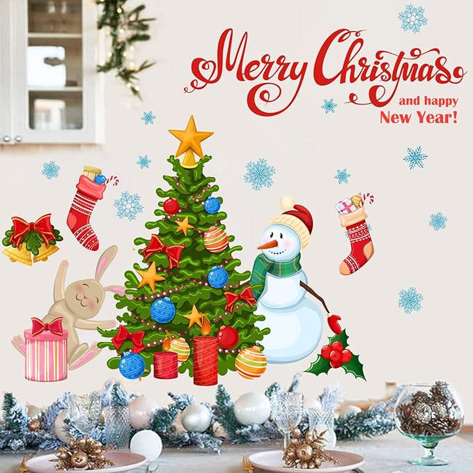 Christmas Tree Snowman DIY Wall Stickers Merry Christmas Wall Decal Removable for Wall Living Room Bedroom Decoration