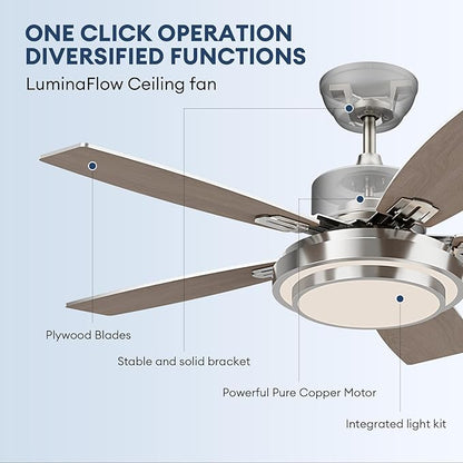 42 Inch Ceiling Fans with Lights and Remote/APP Control, Modern Nickel Ceiling Fan with Quiet Reversible DC Motor, 3 CCT Dimmable LED for Bedroom, Living Room, Patio, Indoor and Outdoor