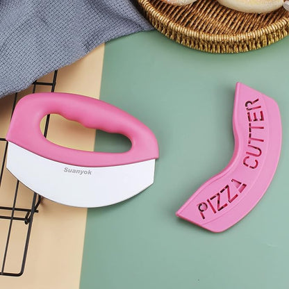Premium Pizza Cutter Food Chopper-Super Sharp Blade Stainless Steel Pizza Cutter Rocker Slicer with Protective Sheath Multi Function Pizza Knife Kitchen Tools,Dishwasher Safe (Pink)