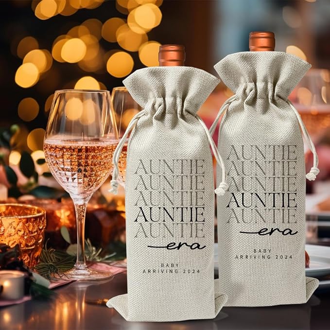 Auntie To Be Gift, Promoted to New Auntie Gift, Baby Announcement Gift for New Aunt, Becoming An Auntie, Baby Shower or Baby Party Favor Decor, Baby or Pregnancy Reveal Gift, Burlap Wine Bag