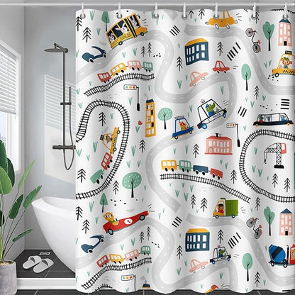 AILONEN Construction Truck Shower Curtain, Kids Cartoon Train Vehicle Tractor Cars Bath Curtain for Boys,White Road Map Bathroom Decor Waterproof Fabric 60" W*72" H Inch with 12 Plastic Hooks
