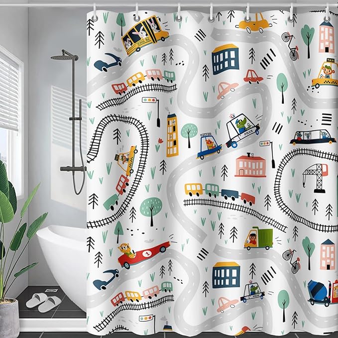 AILONEN Construction Truck Shower Curtain, Kids Cartoon Train Vehicle Tractor Cars Bath Curtain for Boys,White Road Map Bathroom Decor Waterproof Fabric 72" W*96" H Inch with 12 Plastic Hooks