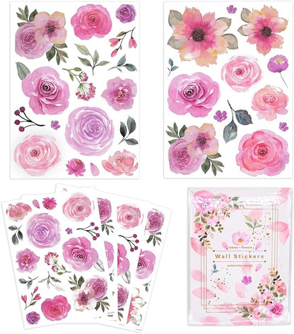 60 Pcs Flower Wall Decals, Watercolor Leaves Wall Stickers Flower Decor for Girls Bedroom Computer Lockers Living Room, 4 Sheets