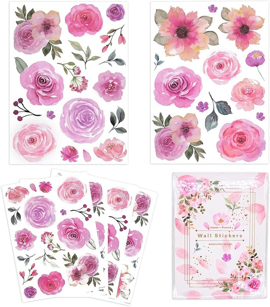 60 Pcs Flower Wall Decals, Watercolor Leaves Wall Stickers Flower Decor for Girls Bedroom Computer Lockers Living Room, 4 Sheets