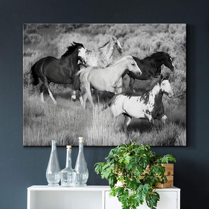 Renditions Gallery Canvas Animal Wall Art Modern Decorations Paintings Running Vintage Horses Black & White Nature Wall Hanging Artwork Prints for Bedroom Office Kitchen - 24"x36" LT33