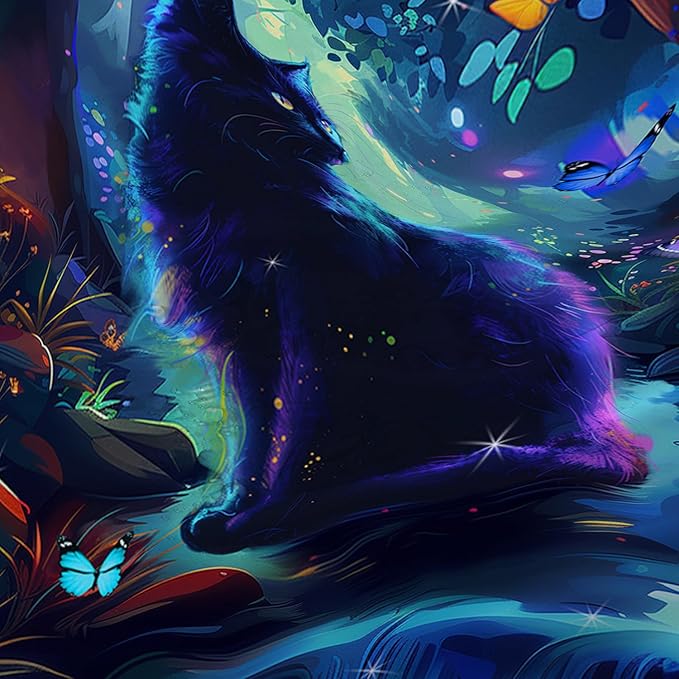 AILONEN Black Cat Shower Curtain,Cartoon Cat Shower Curtain Set for Kids Boys Girls,Boho Style Butterfly Shower Curtain Curtain for Bathroom,Mysterious Forest Curtain Set with Hooks,72" W*96" H