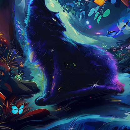 AILONEN Black Cat Shower Curtain,Cartoon Cat Shower Curtain Set for Kids Boys Girls,Boho Style Butterfly Shower Curtain Curtain for Bathroom,Mysterious Forest Curtain Set with Hooks,72" W*96" H