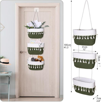 Over The Door Hanging Basket Boho Woven Wall Hanging Baskets 3-Tier Cotton Wall Mounted Storage Organizer Bag Macrame Decorative Hanging Baskets for Kitchen Laundry Room Stairs(White, Green)