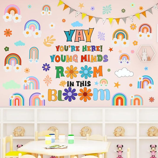 Inspirational Wall Decals Quote Motivational Phrase Wall Stickers Colorful Rianbow Flower Wall Stickers Lettering Positive Sayings Stickers for Kids Room Nursery Playroom School Classroom Decor