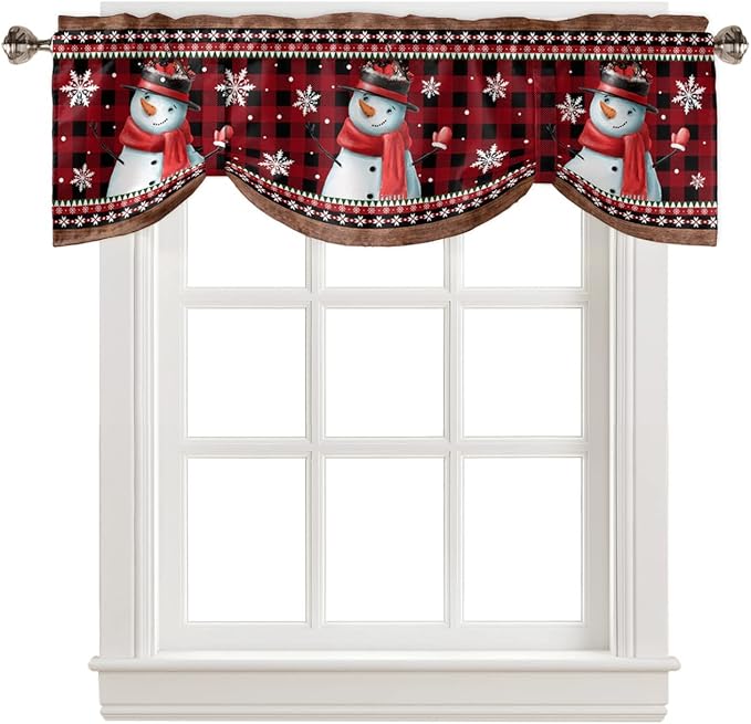 Christmas Blackout Tie Up Valance Curtains for Kitchen Windows Funny Snowman Snowflake Window Toppers Balloon Shades for Living Room/Bathroom/Bedroom,1 Panel,54" X 18" Red Farmhouse