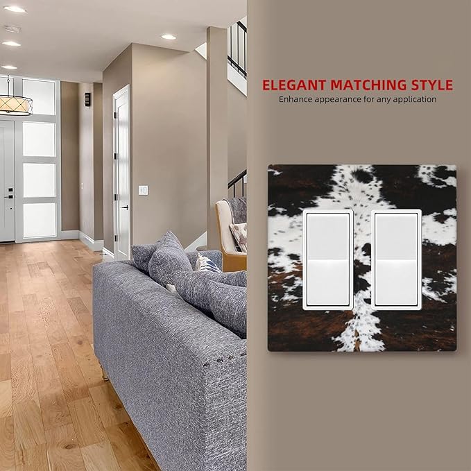 Western Farm Highland Cow Cowhide 2 Gang Rocker Decora Light Switch Cover Decorative Outlet Covers Wall Plate Electrical Faceplate Switchcovers GFCI for Farmhouse Bathroom Bedroom Living Room Decor