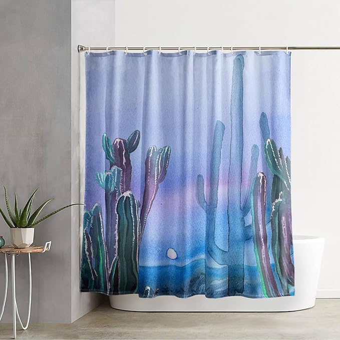 AILONEN Watercolor Cactus Shower Curtain,Blue-Purple Dreamy Theme Bathroom Fabric Shower Curtain for Boys Kids Teens, 36" W*72" H Night Cactus Forest Bathroom Decor