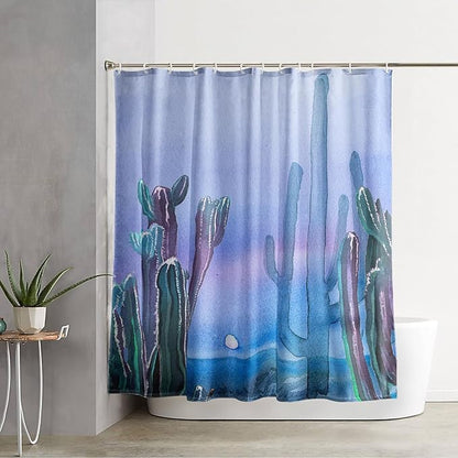 AILONEN Watercolor Cactus Shower Curtain,Blue-Purple Dreamy Theme Bathroom Fabric Shower Curtain for Boys Kids Teens, 72" W*72" H Night Cactus Forest Bathroom Decor