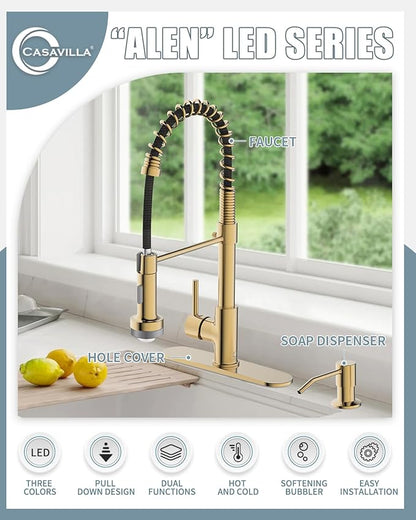LED Kitchen Faucet, Brushed Gold Kitchen Faucet with Soap Dispenser and Deck Plate, Faucet for Camper Farmhouse RV Kitchen Sink, Single Handle Kitchen Sink Faucets with Pull Down Sprayer