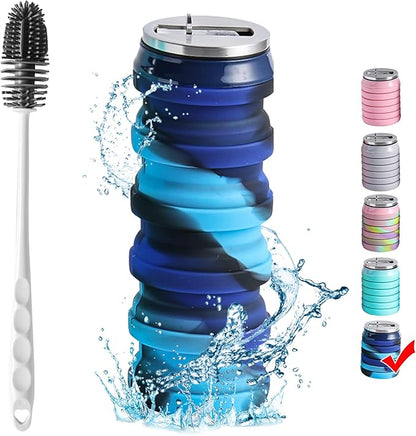 BeHeSo Collapsible Water Bottles with Silicone Brush - Straw Silicone Foldable Water Bottle Reusable Camping Cup Leak Proof Portable Travel Sport Water Bottle-500ml/17oz (Blue Camo)