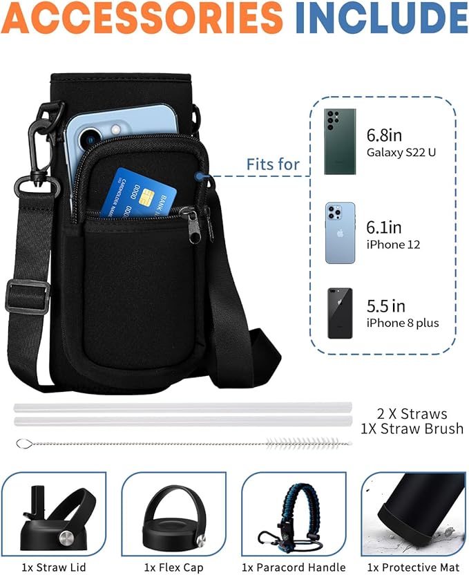 40 oz Insulated Water Bottle with Straw - Flex Cap Lids, Paracord Handle, Bottle Carrier Bag w/Strap, Vacuum Stainless Steel Water Bottles, Double Wall Flask Metal Water Flask Jug