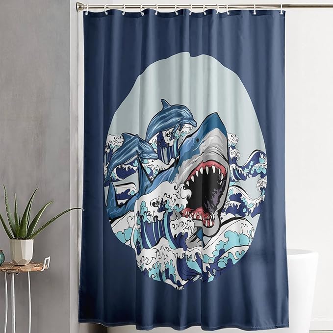 AILONEN Cartoon Shark Shower Curtain for Kids Boys Girls,Blue Ocean Wave with Shark Waterproof Fabric Shower Curtain for Bathroom,Blue Jumping Dolphin Theme Shower Curtain Set with Hooks,48" W*72" H