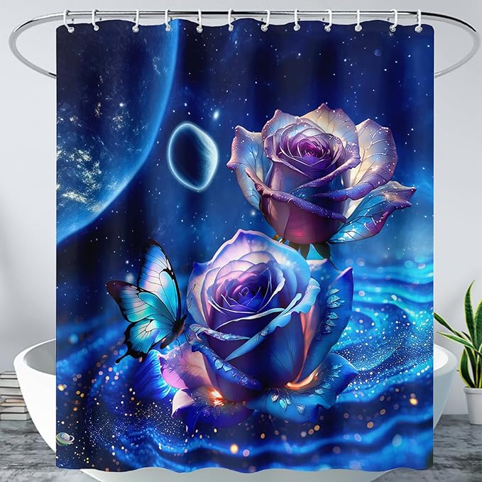AILONEN Blue Rose Shower Curtain,Romantic Flower Bath Curtain for Girls Women,Blue Galaxy Starry Rose Floral Curtain for Bathroom Decor 36" W*72" H,Waterproof with 12 Plastic Hooks