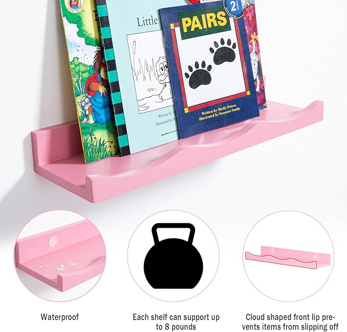 AZSKY Floating Bookshelf for Kids, Picture Ledge Shelf for Wall Decor and Storage 16 Inches Nursery Book Shelves Set 3, Baby Book Shelf for Kids Room Decor(Pink)