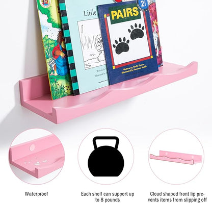 AZSKY Floating Bookshelf for Kids, Picture Ledge Shelf for Wall Decor and Storage 16 Inches Nursery Book Shelves Set 3, Baby Book Shelf for Kids Room Decor(Pink)