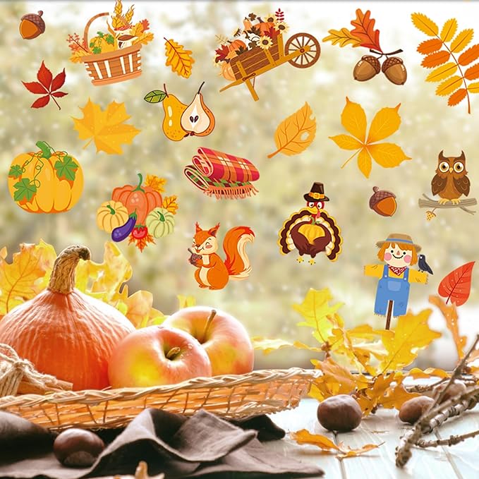 Fall Window Clings Autumn Maple Leaf Window Static Stickers Double-Sided Leaves Pumpkin Turkey Window Door Cling Removable Reusable Window Stickers Thanksgiving Party Window Door Decor