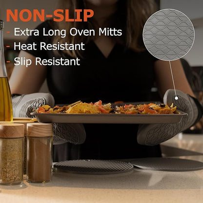 Extra Long Oven Mitts and Pot Holder Set for Ultimate Kitchen Safety- Hot Pads and Oven Mitts- Heavy Duty- Silicone Heat Resistant Oven Mitts and Pot Holder Set(Light Gray)