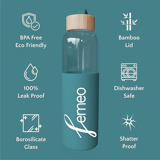 Femeo® Glass Water Bottle for Women | Eco, Yoga & Gym Friendly, 18oz | 100% Leakproof, BPA-Free, Dishwasher Safe, Borosilicate Drinking Glass Bamboo Sports Cap Teal