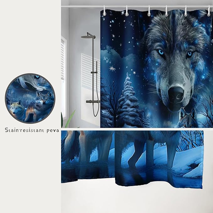 AILONEN 3D Howling Wolf Shower Curtain for Bathroo,Night Galaxy Starry Wolf Safari Animal Print Boys Teen Decor Bath Curtain 72" W*96" H Polyester Fabric Waterproof Bathroom Curtain with 12 Hooks