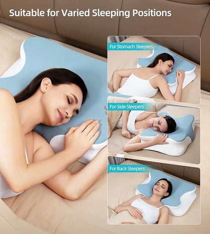 ALLJOY Cervical Pillow for Neck Shoulder, Ergonomic Side Sleeper Pillow for Pain Relief, Cooling Odorless Memory Foam Pillows for Deep Sleep, Neck Support Pillow for Back Stomach Sleepers, Blue
