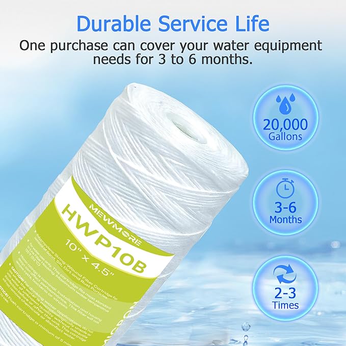 5 Micron Whole House Water Filter Cartridge, String Wound Sediment Filters for Well Water, Replacement for 84637, WPX5BB97P, WP10BB97P, 355215-45 - 10" x 4.5" Cartridges - Pack of 4