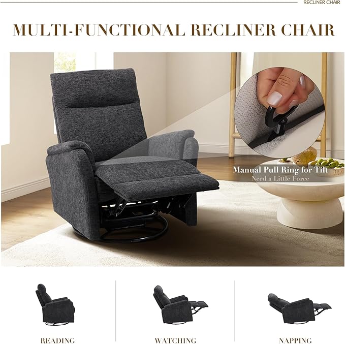 Swivel Rocking Recliner Glider Chair, Upholstered Fabric Reclining Rocker Chair with Footrest for Living Room, Nursery, Bedroom, Ergonomic High Backrest, Wide Seat Cushion and Metal Base-Darkgrey