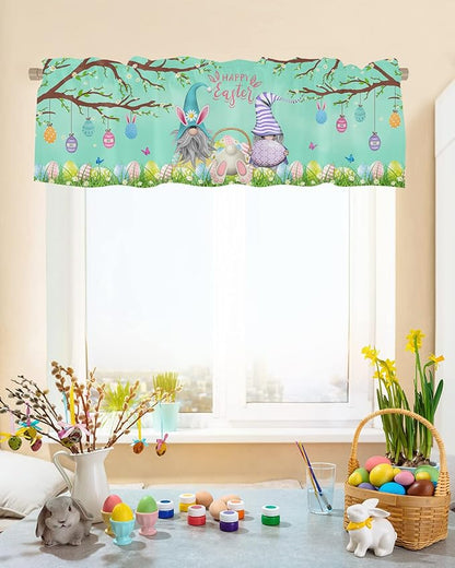 Easter Day Valances Kitchen Curtains for Windows, Easter Gnomes Bunny Tails Eggs Tree Rod Pocket Valances Green Spring Decorations Short Curtains for Bedroom/Living Room,54" X 18" -1 Panel